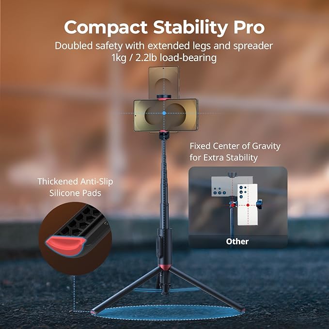 SmallRig x Drex Lee Boom Selfie Stick ST30 Lite, 57.9" Automatic Tripod Stand with Remote and Cold Shoe Mount, for iPhone, for Android, Video Recording, Travel, Vlogging, Black 5292