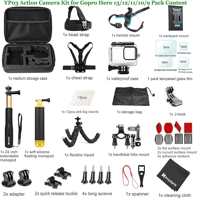 Accessories Kit for Go Pro 13 12 11 10 9 Black, 60M Waterproof Case Chest Mount Kits Glass Screen Protector Bundle Pack for Gopro Hero13 12 11 10 9 Camera
