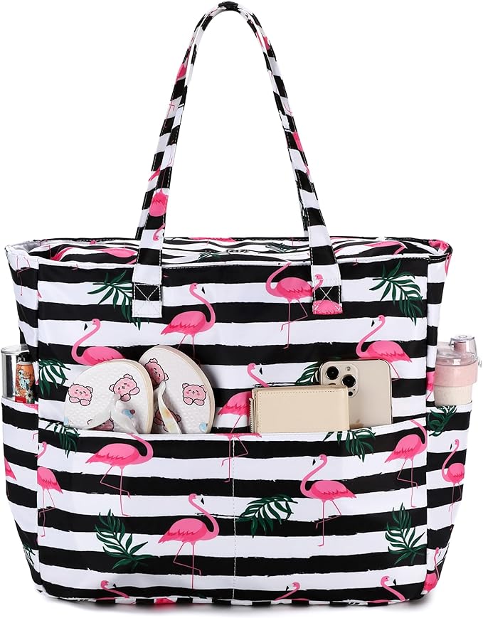 LEDAOU Large Beach Tote Bag Women Waterproof Sandproof Zipper Beach Tote Bag for Pool Gym Grocery Travel with Wet Pocket