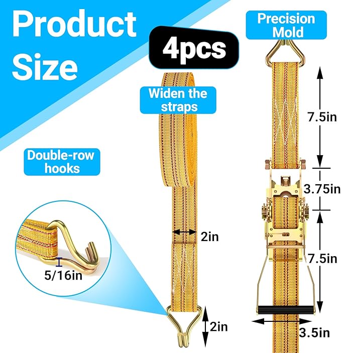 4Pack Heavy Duty Ratchet Straps, 2” 32Ft Ratchet Tie Down Strap, Tie Down Ratcheting with Double J Hook, 4000 LB Break Strength Cargo Straps Ratcheting for Moving Cargo, Lawn Equipment and Motorcycles