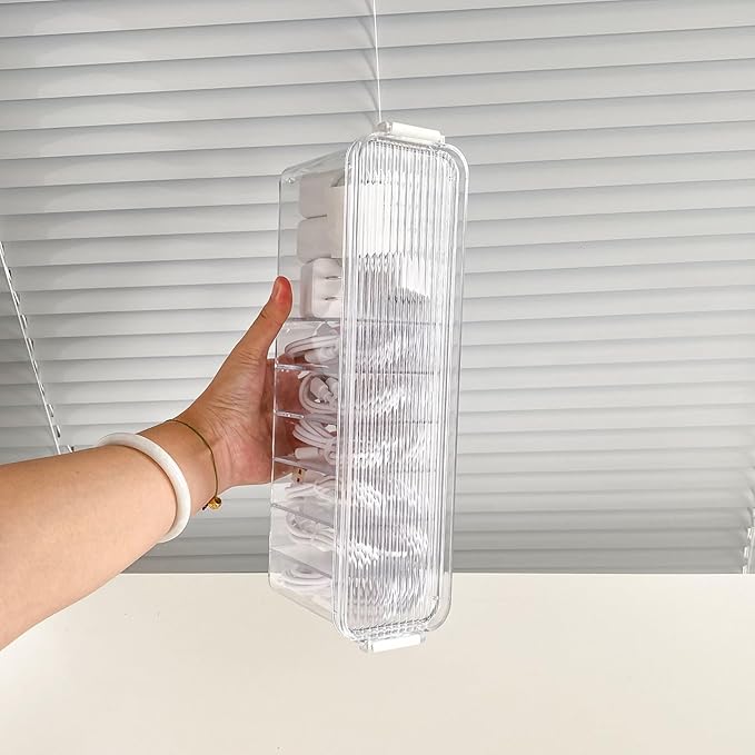 Yesesion Plastic Cable Organizer Box with 7 Compartments, Clear Cords Storage Case for Desk Drawer Accessories, Phone Charger, Art Crafts, Stationery Holder for Marker Pen, Pencils, Crayons