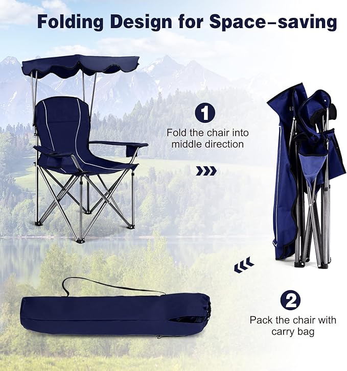 S AFSTAR Safstar Folding Camping Chair with Canopy, Portable Lawn Beach Canopy Chair with Cup Holder & Carry Bag, Load Bearing Up to 265LBS, Folding Chair for Outside Outdoor Travel Hiking Fishing