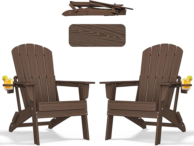 Folding Adirondack Chair with Cup Holder Set of 2, HDPE Patio Chairs,All-Weather Outdoor Chairs for Backyard, Deck,Fire Pit-Coffee