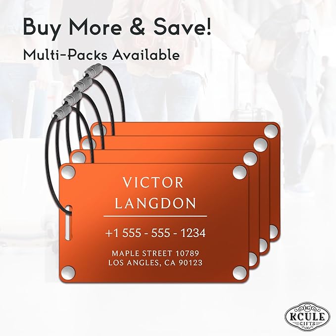 Personalized Luggage Tags for Suitcases - Aluminum Custom Luggage Tags for Backpacks & Bags, Sturdy, Waterproof & Heavy Duty (Orange/Card-Sized)