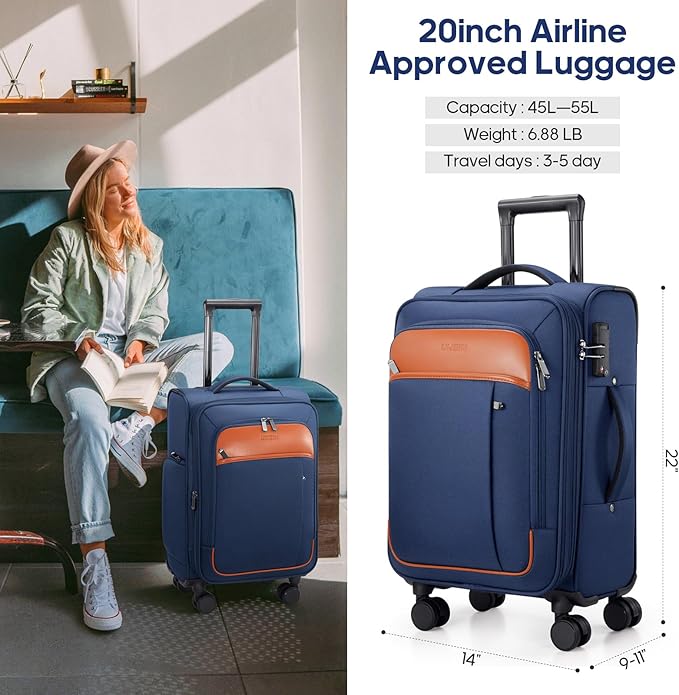 UKEIN Softside Expandable Carry On Luggage 22x14x9 Airline Approved, 20 Inch Carry On Suitcase with Wheels & TSA Lock, Travel Suitcase with 4-Piece Packing Bags for Women Men