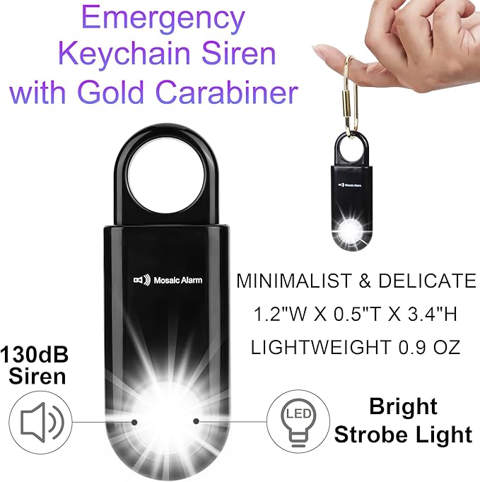 130dB Personal Safety Alarm Strobe Light. Loud Sound Keychain Siren with Carabiner for Women, School Children, Night Runners, Hiking. Bear Alarm Deterrent. SOS Emergency Self Defense Alerts. Black