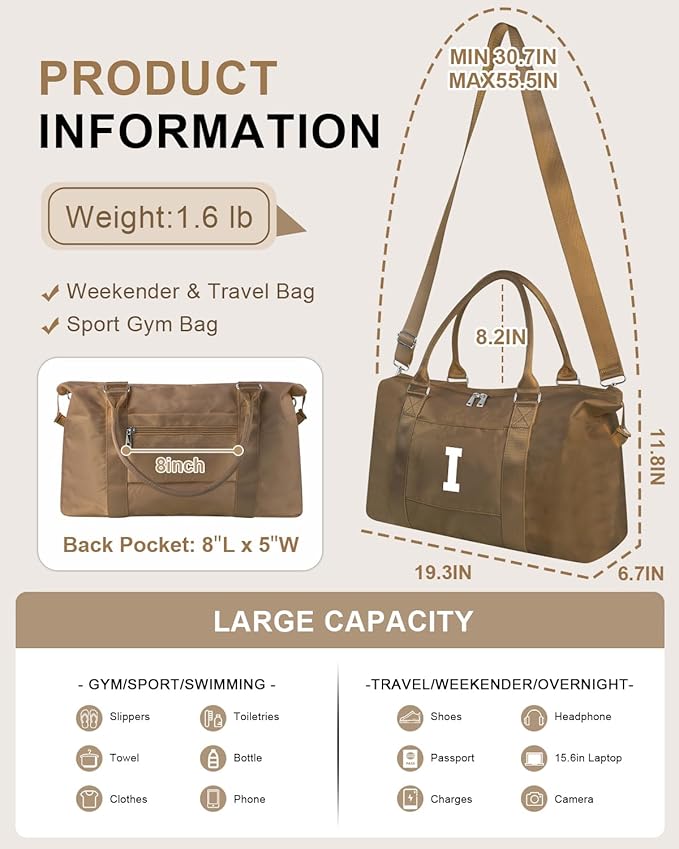 Birthday Graduation Gifts for Daughter,Initial Travel Duffel Bag Sports Gym Bag for Girls Teen Kids Birthday Gifts,Personalized Weekender Bag Carry On Tote Bags Cute Overnight Bag for Women(Brown, I)