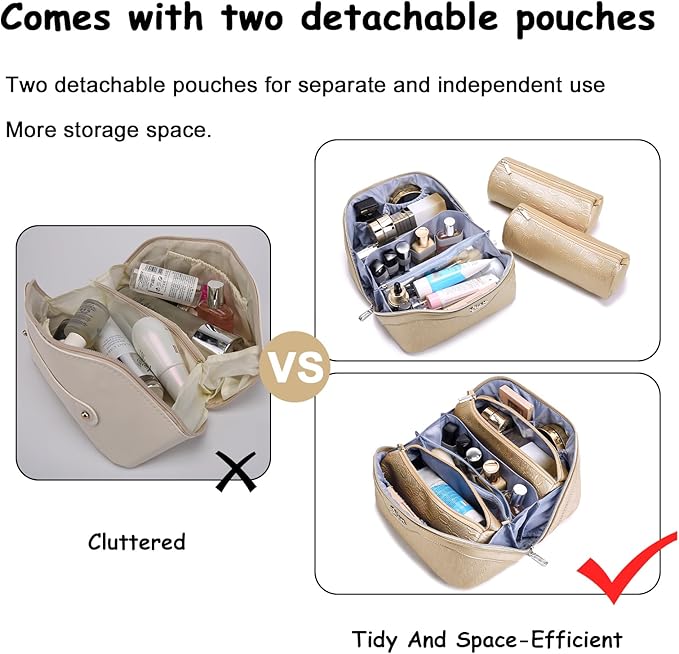 BOYATU Travel Makeup Bag for Women: Cosmetic Organizer Bag with Compartments - Leather Make up Bags Set of 3 (Gold Yellow)