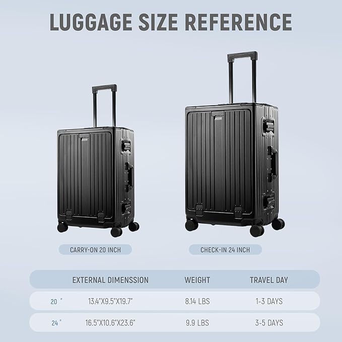 UrbanExplorer 24 Inch Check-In Aluminum Frame Luggage, ABS+PC Hard Shell Suitcases with Spinner Wheels TSA Approved Checked Luggage, Zipperless Suitcases with Cup Holder, Black