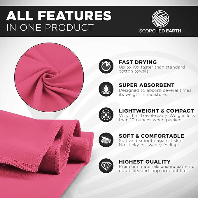 ScorchedEarth Microfiber Travel & Sports Towel Set (Rose Pink) - XL Set (39x70.5 & 12x24)