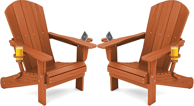 SERWALL Adirondack Chair with Cup Holders - Composite Adirondack Chairs Set of 2 HDPE Outdoor Chairs All Weather Use- Orange