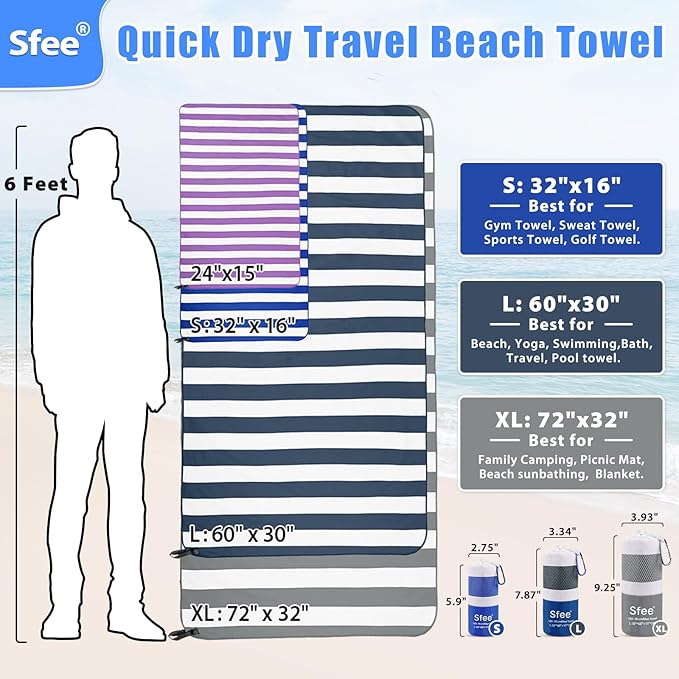 Sfee 2 in 1 Microfiber Beach Towel, Quick Dry Towel Camping Towel Travel Towel Super Absorbent Compact Lightweight Sports Gym Towels Set for Beach, Gym, Hiking, Pool, Backpacking, Bath, Yoga