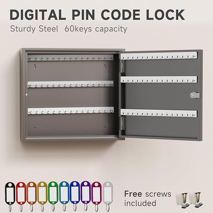 WeHere Key Lock Box for 90 Keys, Wall Mount Key Cabinet with Color Key Tags, Steel Key Storage Box with Lock, Key Holder Organizer for Home, Office, Apartment, Property Management