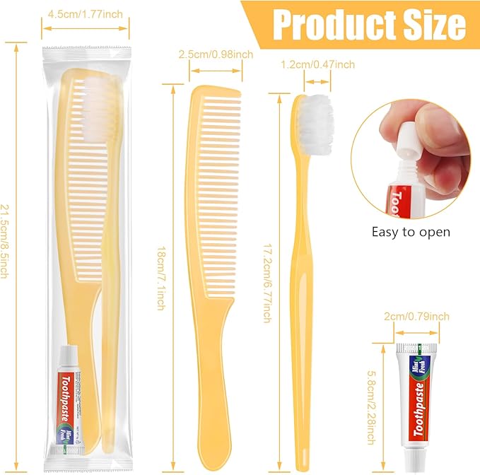 NICEMOVIC 50 Pack Disposable Toothbrushes Bulk with Toothpaste and Comb Travel Size Toothpaste Set Homeless Care Package Supplies for Bulk Individually Wrapped Disposable Travel Hotel Charity, Yellow