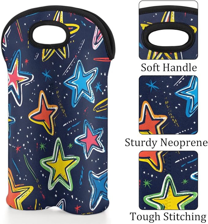 Neoprene Wine Tote, Bottle Carrier Gag Insulating Neoprene Thicker, Insulated Wine Bag for Travel Holds Two Bottles, Bottle Carrier Bags Protect the Bottles, Colorful Stars
