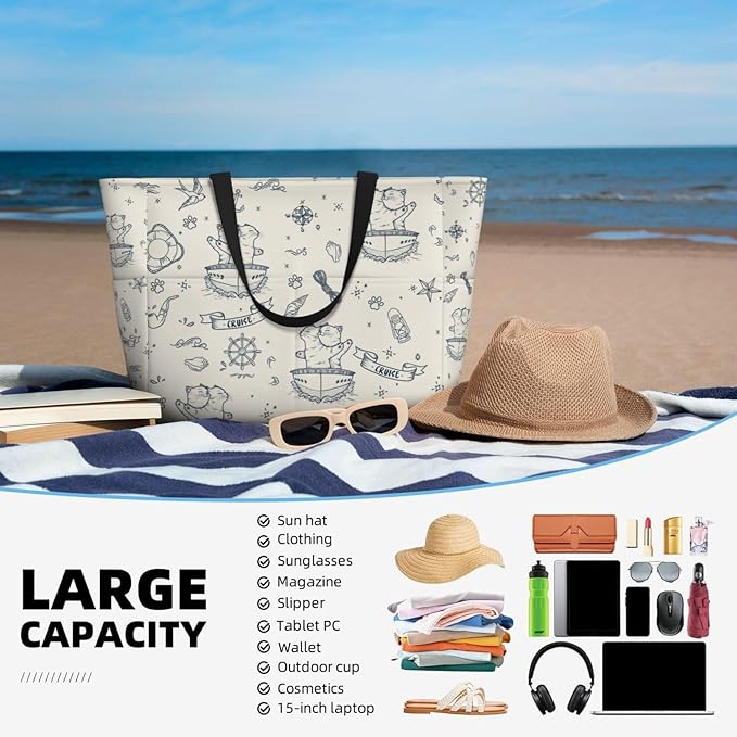 Beach Bag for Women Beach Tote Bag Waterproof Sandproof Large Bags with Zipper Big Capacity for Vacation Travel