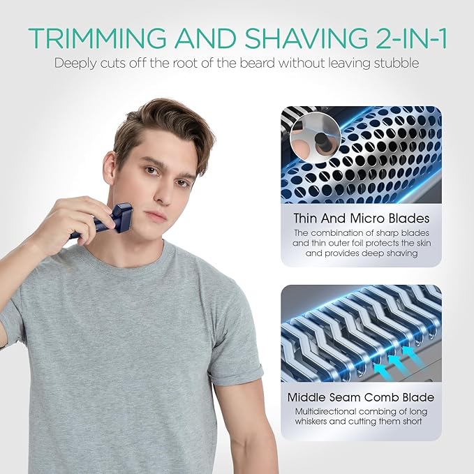 VOYOR Foil Shaver Electric Razor for Men 3 in 1 Shavers for Men with Double Foil Wet & Dry Face Shaver Lightweight Handheld Smooth Shave IPX6 Washable USB-C Rechargeable Travel Razor TX310 (Blue)