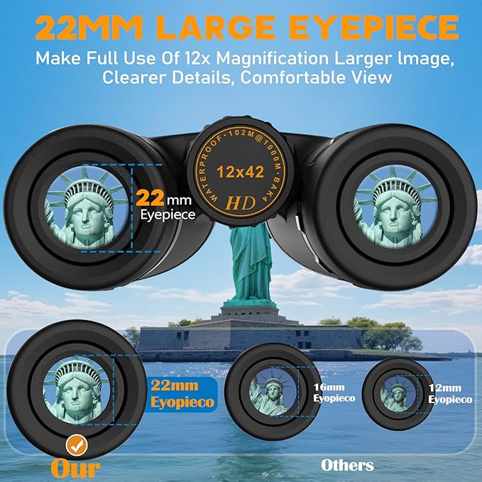 Binoculars for Adults High Powered – 12X42 HD Compact Binoculars for Bird Watching, Hunting Gear, Cruise & Beach Vacations Essential, Camping & Travel Essential Accessories (Black)
