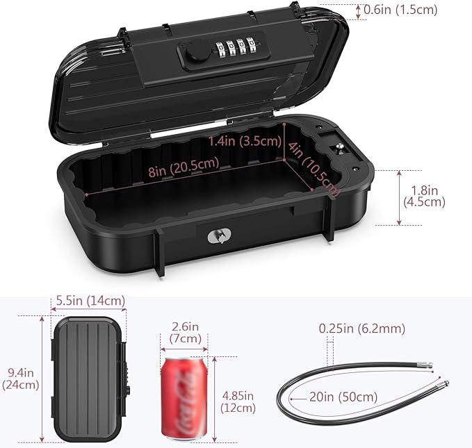 LOFICOPER Portable Lock Box, Beach Security Box for Travel, Anti-Theft 4-Digit Combination Lock Box, Cash Box with Removable Wire Rope for Dorm, Gym, Travel, Hotel, Office