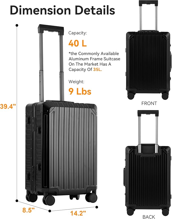 Mvst Luggage Premium All Aluminum Magnesium Carry On 20'' Lightweight Metal,Suitcase with Spinner Wheels Built-in Toiletry Set, Luggage Protector（silvery） (Black, 20inch)