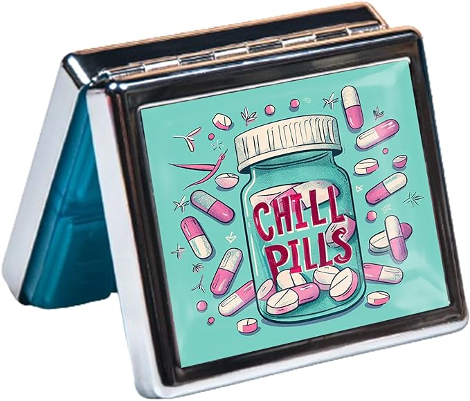 Cute and Portable Metal Pill Organizer – 8 Compartments, Elegant Chrome Finish, Ideal for Travel and Daily Use (Chill Pills Fun)