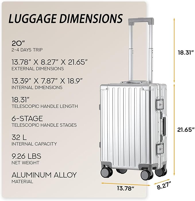20 Inch All Aluminum Carry On Luggage 22x14x9 Airline Approved with Spinner Wheels,Hard Shell Zipperless Lightweight Small Suitcase with TSA Approved for Travel Business Women Men,Silver