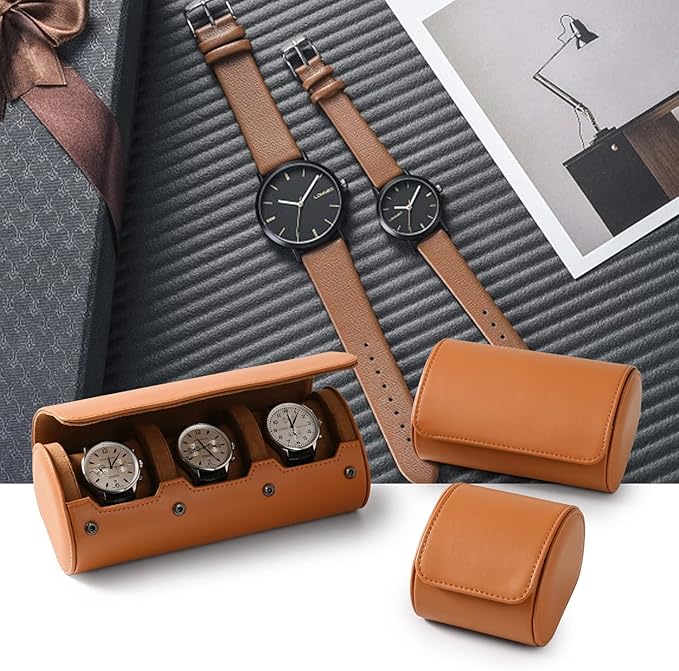 Oirlv Premium Leather Watch Roll Travel Case 3-Slot Watch Box for Men and Women Storage & Organizer Display, Anniversary Birthday（Brown）