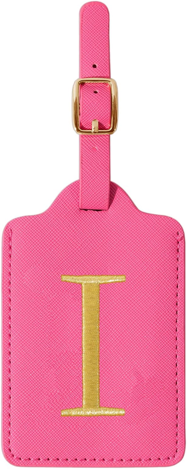 Personalized Initial Luggage Tags for Suitcase, Rose Red Leather Cute Luggage Tags with Privacy Cover Name Card, Embroidered Custom Monogram Luggage Tags Travel Backpack Tag Gifts for Women Kids(I)