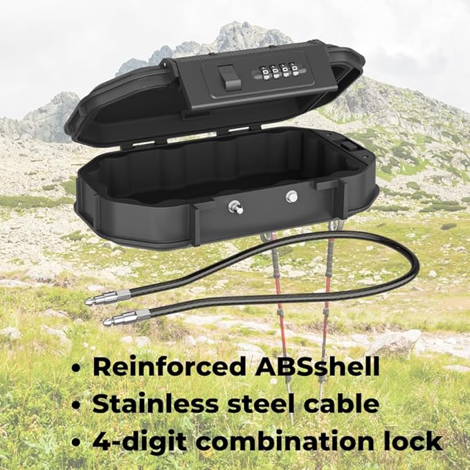 Portable Security Lock Box with Combination Lock, Waterproof Travel Safe Case with Steel Cable, Black. Box with Combination Ideal for Outdoors, Camping, Beach, dorms.