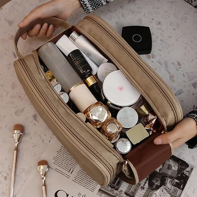 Travel Toiletry Bag for Women PU Leather Triple-layer Double Zipper Toiletry Bags,Waterproof with Handle Mens Toiletry Bag Stowable Brushes, Toiletries Makeup for Business Trips Camping Bathroom Brown