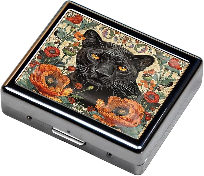 Cute and Portable Metal Pill Organizer – 8 Compartments, Elegant Chrome Finish, Ideal for Travel and Daily Use (Black Panther Art)