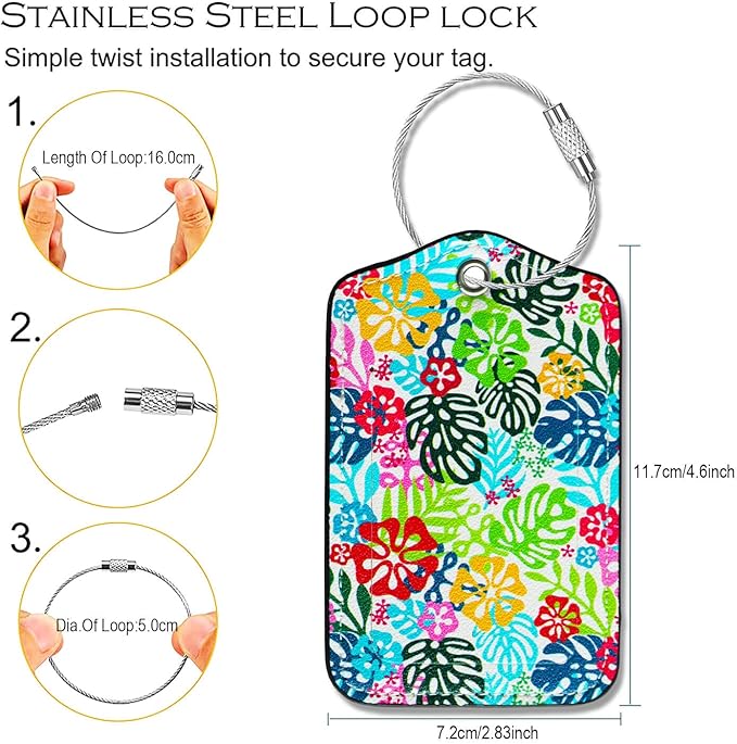 Luggage Tags for Suitcases-Leather Luggage Tag 4 Pack with Loops Hawaii Cute Bag/Backpack/Suitcase Tags Travel Essentials for Flying