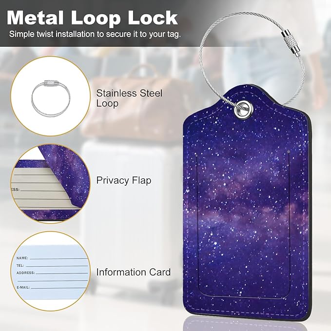 2Pack Luggage Tags for Suitcases, Cute Unique Pu Leather Cruise Luggage Tag with Privacy Cover ID Label Address Card and Metal Ring Suitable for Women Men Kids Travel Bag Purple Starry Sky