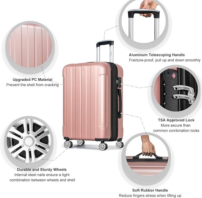 FOCHIER F Luggage Sets, Expandable 3 piece Hard Shell Luggage Set with TSA Lock, PC+ABS Hardside Travel Suitcase with Wheels for Women Men 20 24 28 Inch (Rose Gold)