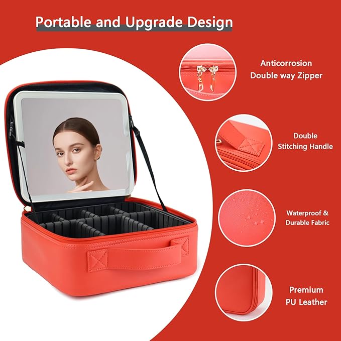 Makeup Bag with Led Mirror,Travel Makeup Organizer with 3 Color Setting & 10X Magnifying Mirror, Portable Storage and Adjustable Dividers Travel Makeup Bag-red