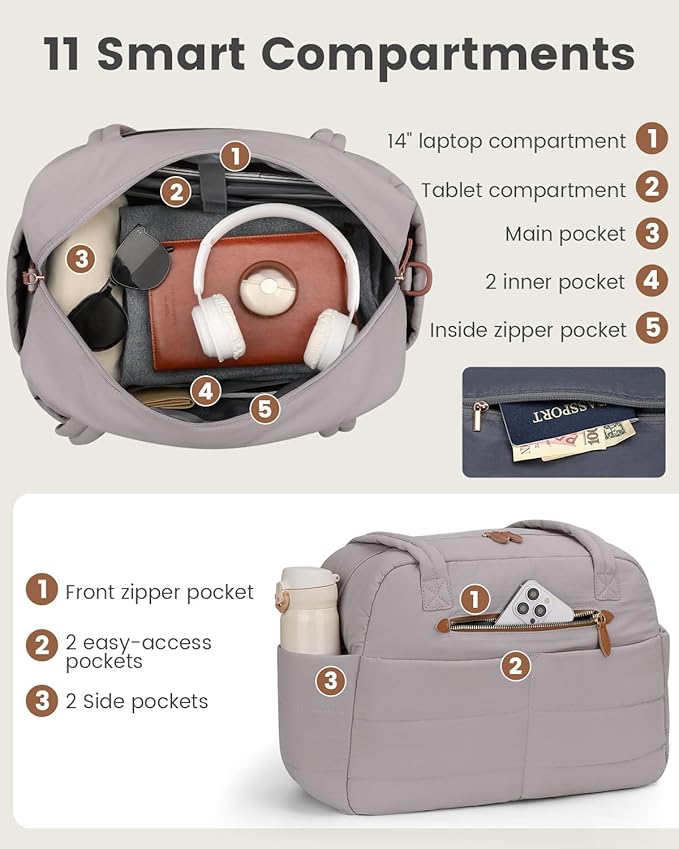 Travel Duffle Bag,Puffer Carry On Duffel Bag with Laptop Compartment Waterproof Overnight Weekender Bags for Women Large Hospital Tote Bags for Labor and Delivery(Medium,Khaki Gray）