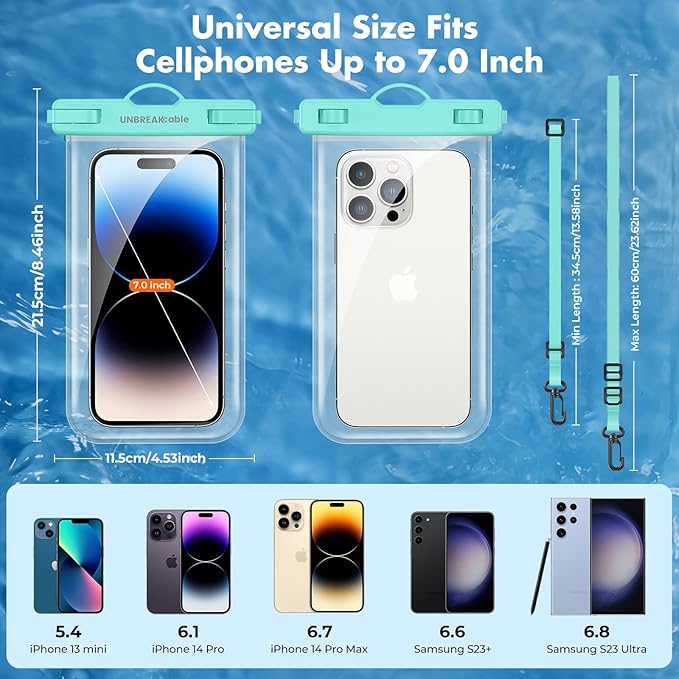 UNBREAKcable Waterproof Phone Pouch-2 Pack IPX8 Waterproof Phone Case for iPhone 16 15 14 13 12 11 Pro Max & Samsung S25 S24-Dry Bag & Travel Essentials for Beach, Pool, Kayak & Cruise-7" Blue+Green