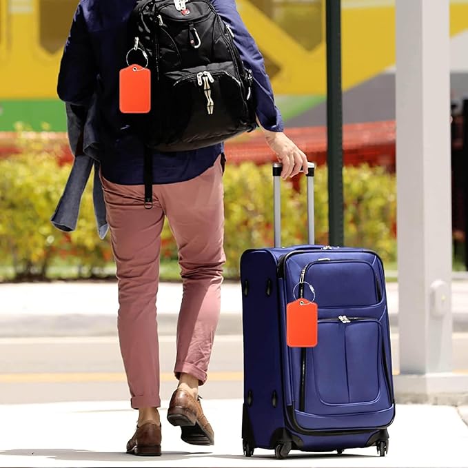 Luggage Tags for Suitcases-Leather Luggage Tag 4 Pack with Loops Cute Bag/Backpack/Suitcase Tags Travel Essentials for Flying (Orange)