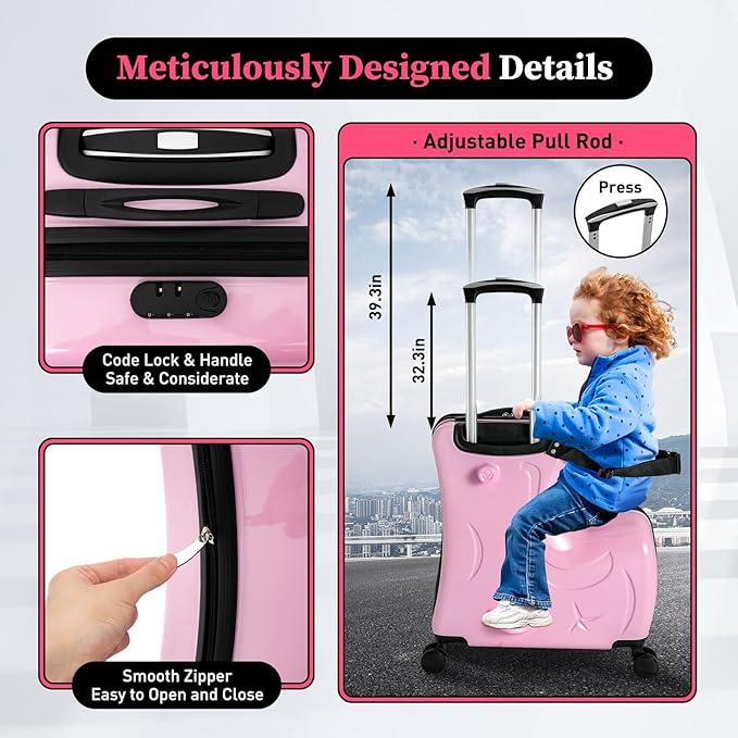 20 Inch Children's Ride On Trolley, Toddler Luggage Seat Ride with Lock, Kid's Ride-on Travel Suitcase with Spinner Wheels, Kids Travel Trolley Riding Luggage Suitcase for Boys Girls Gift, Pink