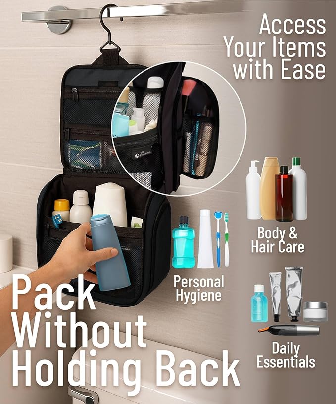 DD D&D Wanderlust D&D Hanging Travel Toiletry Bag for Men and Women - Extra Large Toiletries Organizer Kit with 10 Compartments, YKK Zippers, XXL Metal Swivel Hook, Water-Resistant Nylon