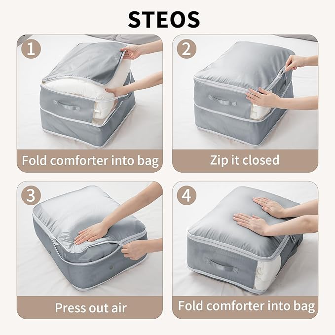 DIMJ Comforter Storage Bag - Large Capacity Ultra Space Saving Self Compression Organize for Duvet, Pillow, Bedding, Blanket Storage Organizer Nylon Compression Bags, Sheet Storage with Zipper, 4 Pack