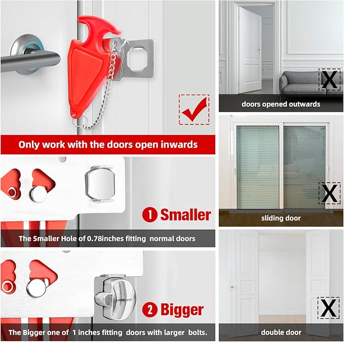 Portable Door Stop Alarm and Traveling Hotel Door Lock, No Installation Required, Provides Double Security for Home, Hotel and Traveling (1 Door Lock + 1 Door Stop)