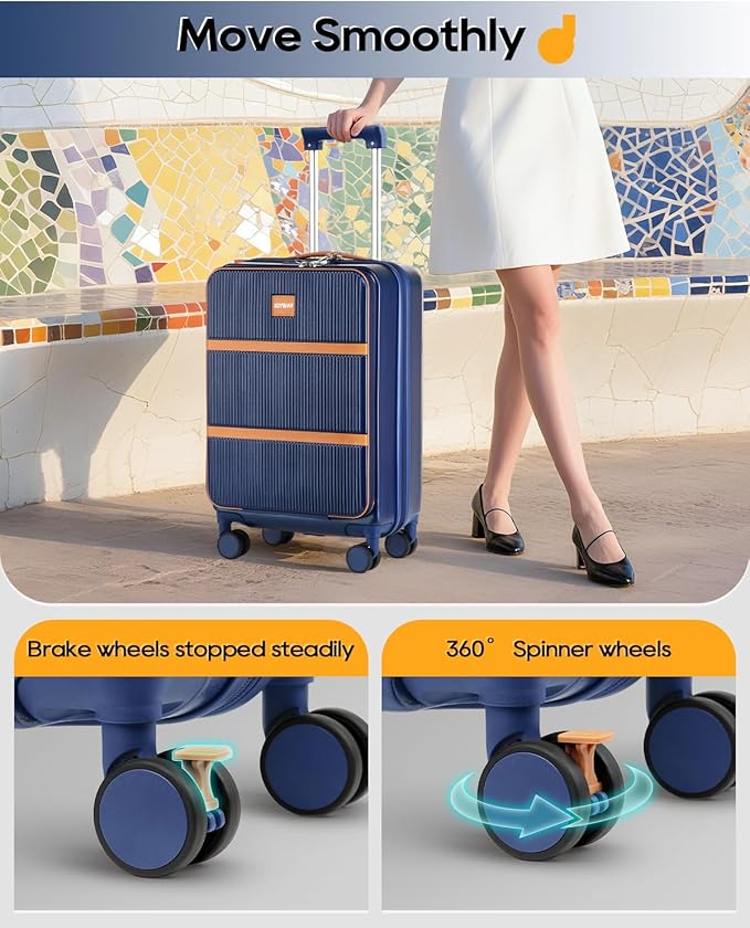 Joyway Carry on Luggage Airline Approved with Front Pocket, Hardside 20 Inch Travel Luggages with Cup Holder, Carry-on Suitcase with Spinner Wheels for Men and Women (Blue, 20 Inch)