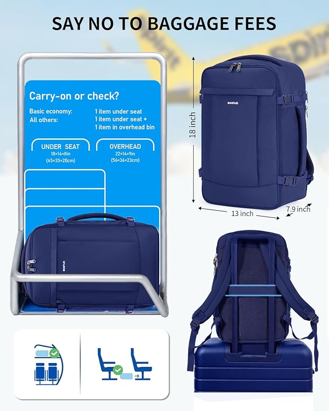 ECOHUB Travel Backpack for Men Women, Carry on Backpack with USB Charging Hole, Spirit Airlines Personal Item Bag Flight Approved, 15.6 Inch Laptop Backpack with Anti Theft Pockets, 30L, Navy Blue