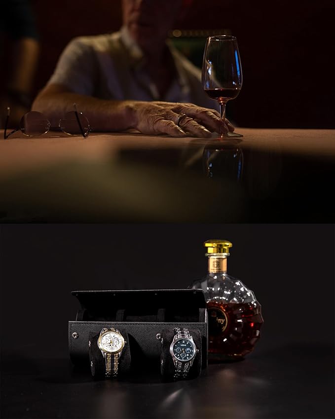 MR.OKAY 3 Watch Travel Case- Classic Leather Watch Case With Superb Texture.Portable Watch Roll Or Organizer For Storage And Display. Travel Gift for Men, All Handcrafted By Leather Craftsmen.