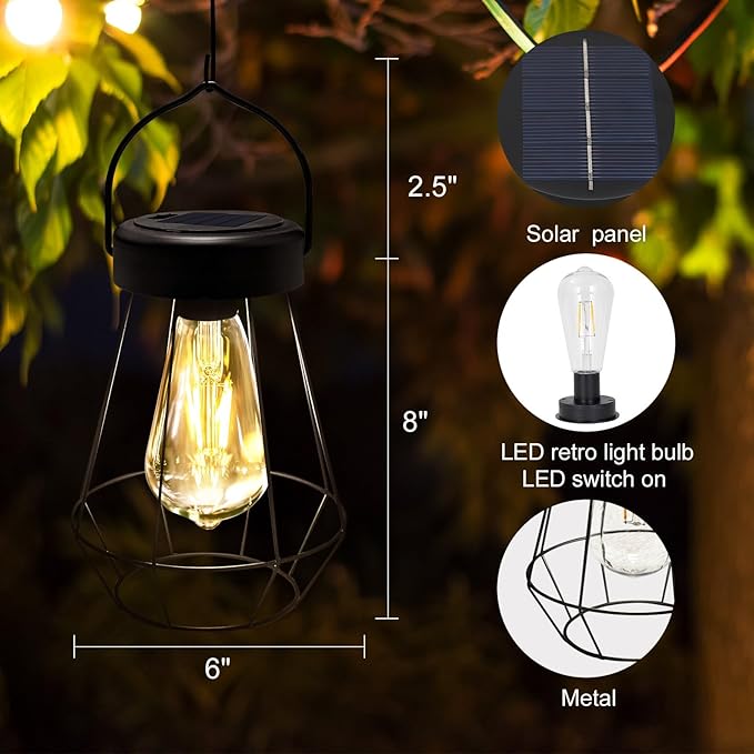 Solar Lanterns Outdoor Lights,Metal Hanging Solar Lights Outdoor Waterproof,Auto On/Off with Edison Bulb Retro Light for Yard Garden Patio Backyard Pathway Decor 2 Pack