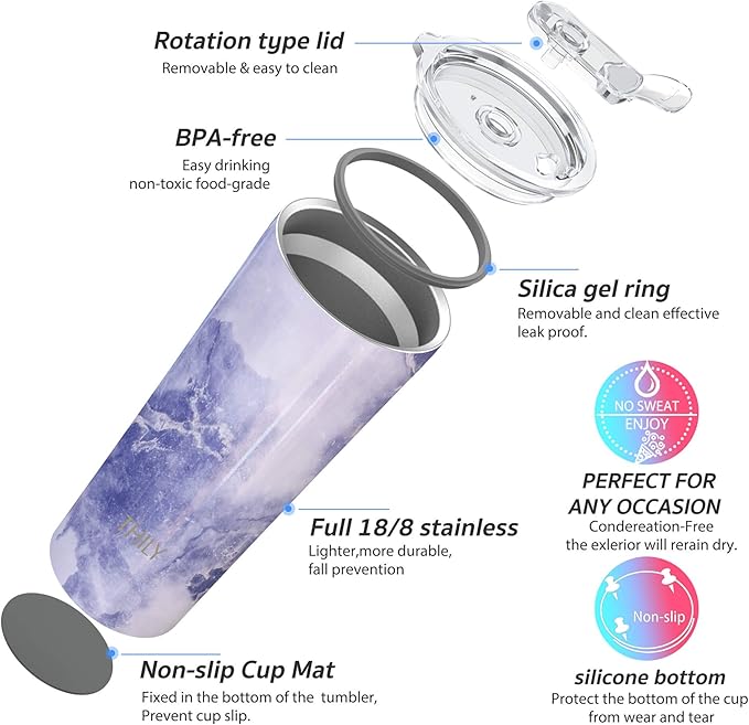 THILY Stainless Steel Vacuum Insulated Tumbler Travel Mug 26 oz Coffee Cup with 2 Lids and Straws, Splash Proof, Keep Ice Drinks Cold, Blue Marble