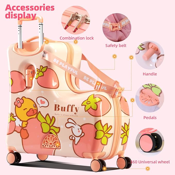 Kids' Lightweight Ride on Luggage with Spinner Wheels & Foldabe Design (Pink Strawberry, 24"+ Aged 3-12 Toddler)