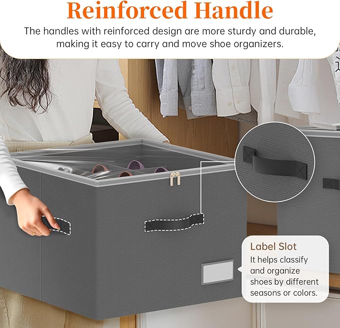 3 Pack Shoe Organizer for Closet, Foldable Shoe Storage Containers, Fits up to 24-48 Pairs, Shoe Storage Organizer Box Cubby Baskets Bins with Clear Cover and Reinforced Handles, Gray