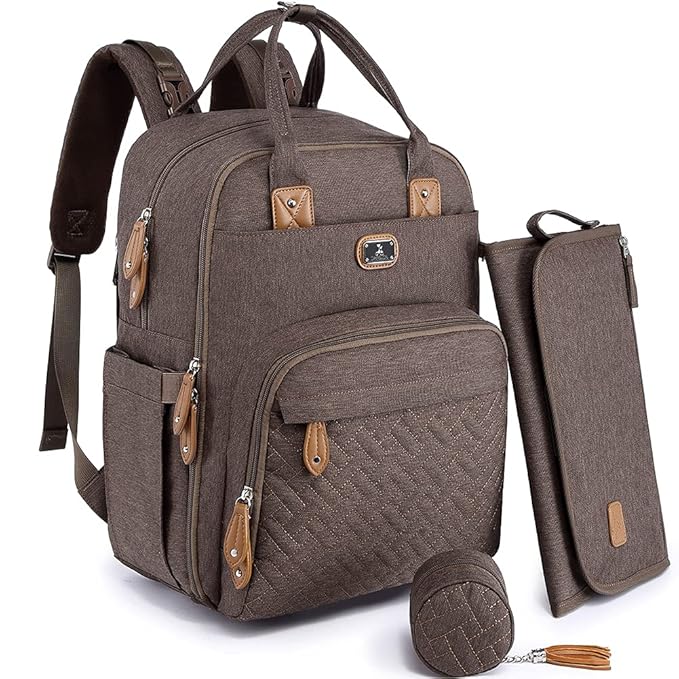 Dikaslon Diaper Bag Backpack with Portable Changing Pad, Pacifier Case and Stroller Straps, Large Unisex Baby Bags for Boys Girls, Multipurpose Travel Back Pack Moms Dads, Brown